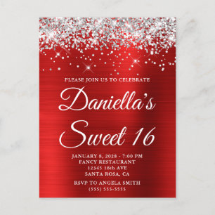 Invitation Carte Postale Parties scintillant d'argent brillant rouge huile