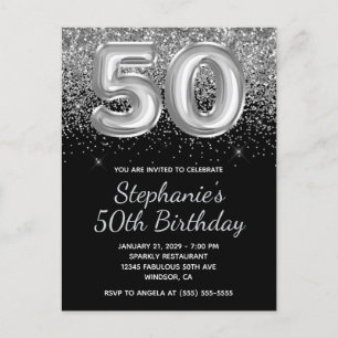 Invitation Carte Postale Parties scintillant d'argent mousseux Black Balloo