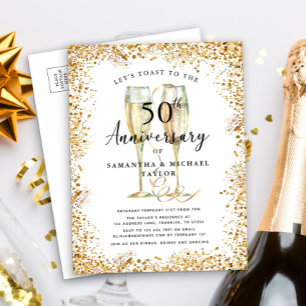 Invitation Carte Postale Parties scintillant d'or 50e anniversaire Mariage
