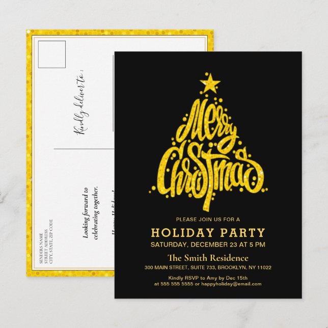 Invitation Carte Postale Parties scintillant d'or Festive Noir Fête de Noël (Devant / Derrière)