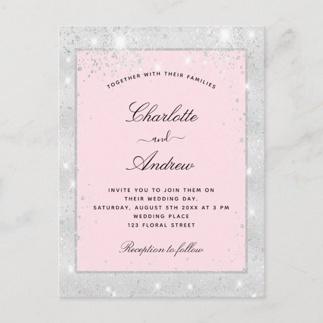 Invitation Carte Postale parties scintillant en argent mariage (Devant)