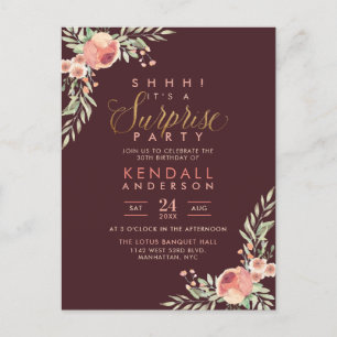 Invitation Carte Postale Parties scintillant Gold Script Roses surprise fêt