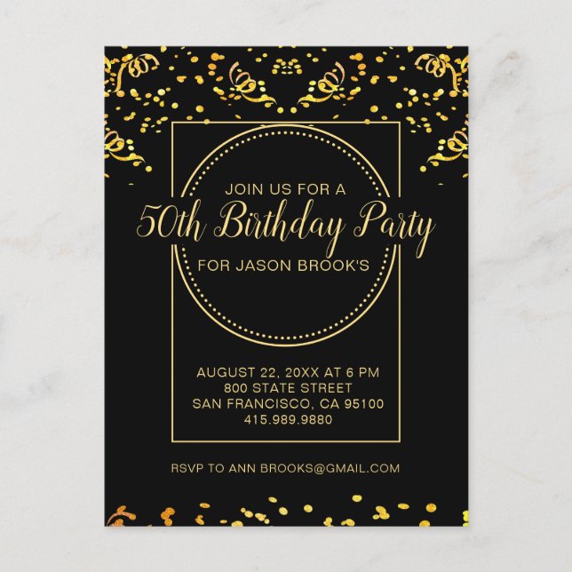 Invitation Carte Postale Parties scintillant Jaune D'Or Confetti À L'Annive (Devant)
