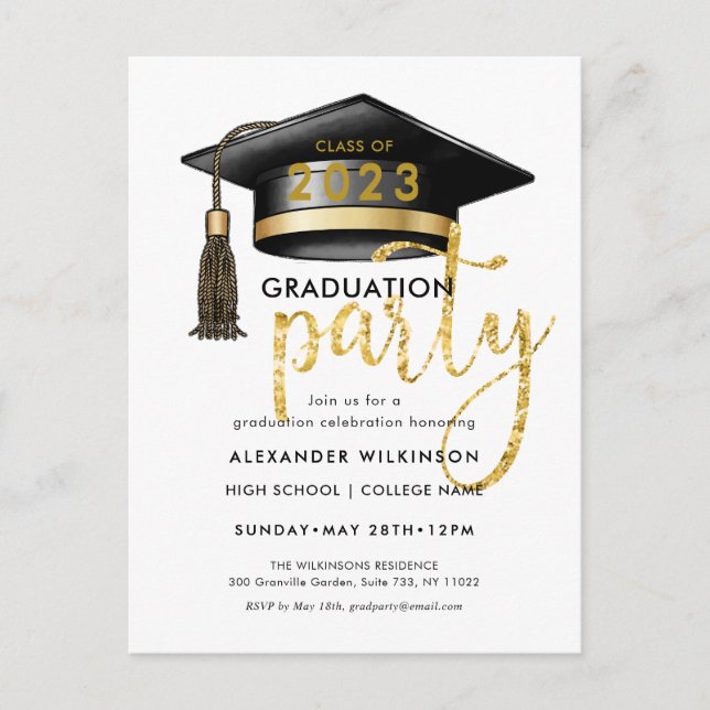 Invitation Carte Postale Parties scintillant Or moderne Script Simple GRAD  (Devant)