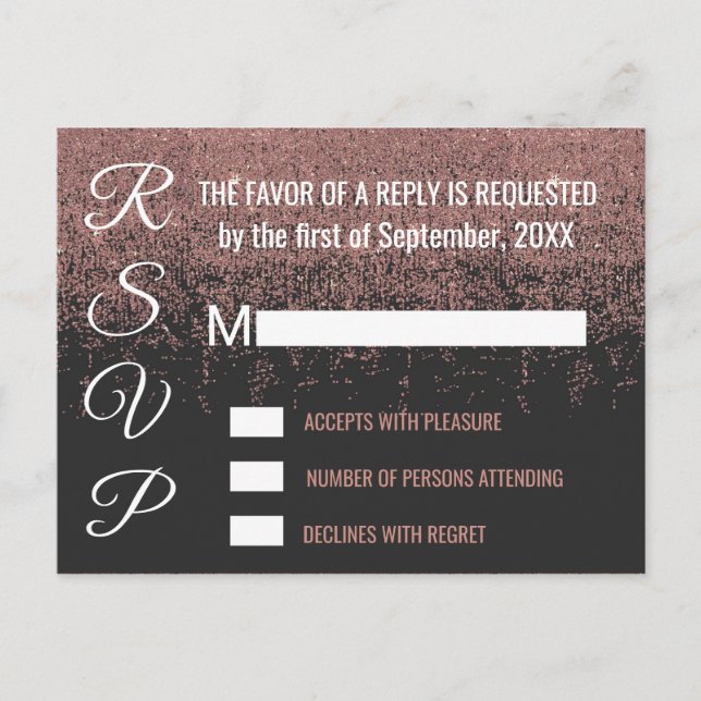 Invitation Carte Postale Parties scintillant or rose éclaire noir RSVP (Devant)