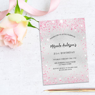 Invitation Carte Postale Parties scintillant rose argent d'anniversaire élé