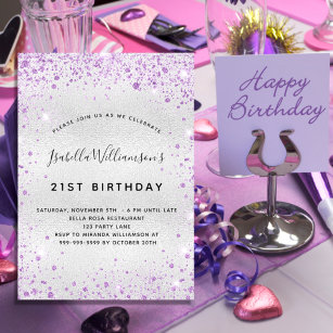 Invitation Carte Postale Parties scintillant violet argenté d'anniversaire