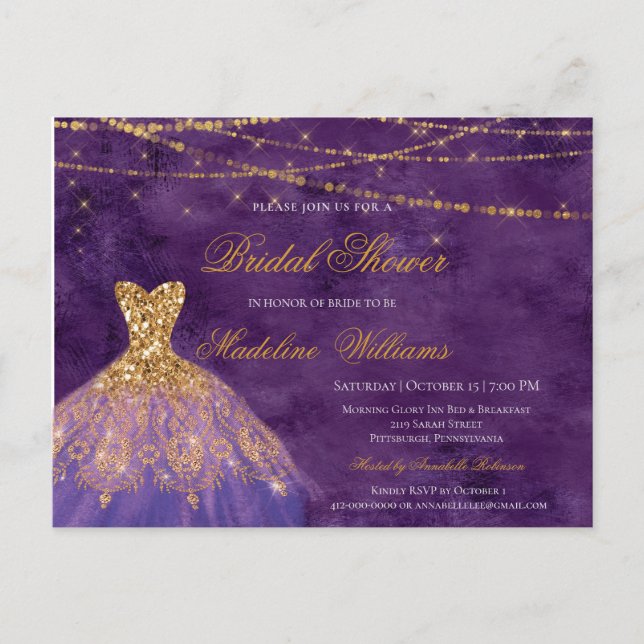 Invitation Carte Postale Parties scintillant violet et or Fête des mariées  (Devant)