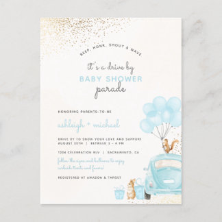 Invitation Carte Postale Pastel Blue Balloons Voiture En Boy Baby shower
