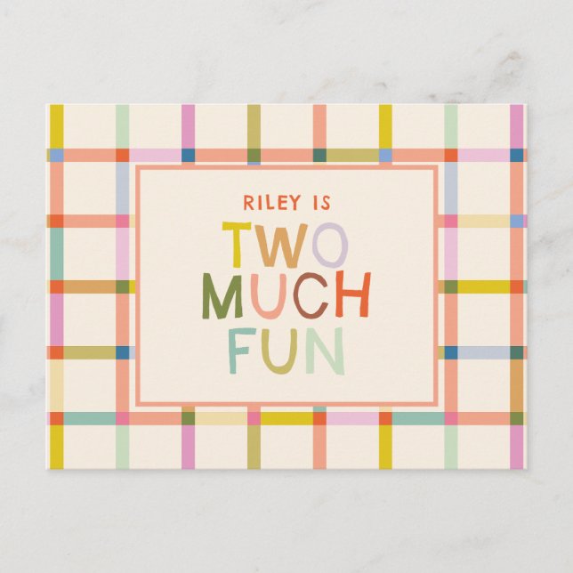 Invitation Carte Postale Pastel Plaid "Two Many Fun" 2e anniversaire (Devant)