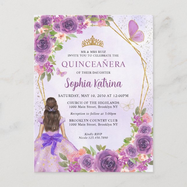 Invitation Carte Postale Pastel Purple Gold Floral Princess Quinceañera (Devant)