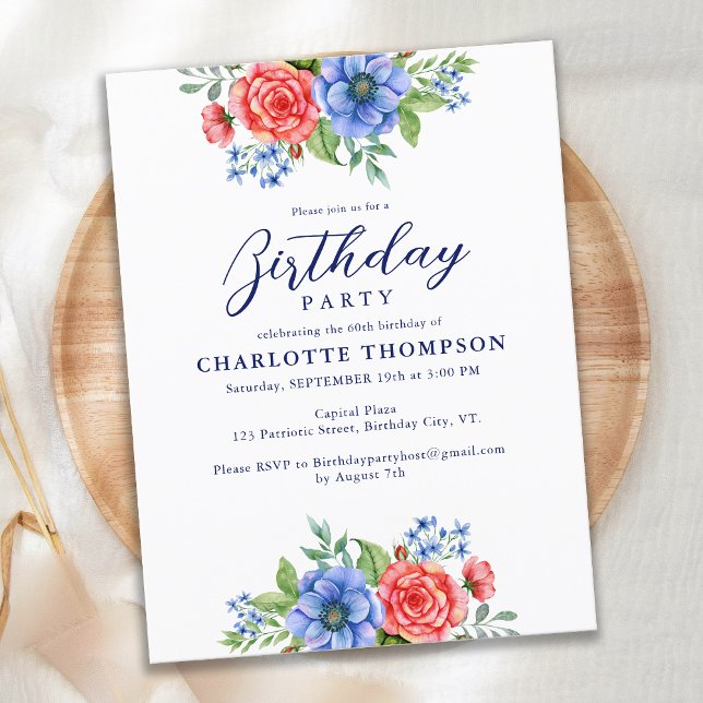 Invitation Carte Postale Patriotique Floral Rouge Bleu Bleu Anniversaire (Créateur téléchargé)