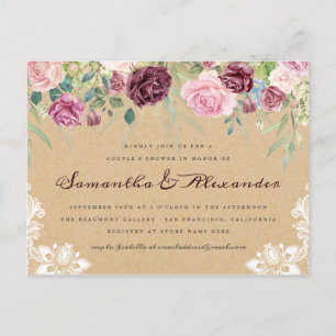 Invitation Carte Postale Pays Rustique Kraft dentelle Floral Couple Douche