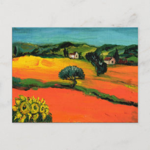 INVITATION CARTE POSTALE PAYSAGE TOSCANE AVEC TOURNESOLS EN ORANGE ROUGE