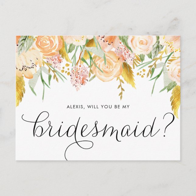 Invitation Carte Postale Peach Flowers Gold Foil Serez-Vous Ma Femme D'Accu (Devant)
