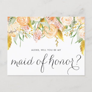 Invitation Carte Postale Peach Flowers Gold Serez-vous ma femme d'honneur