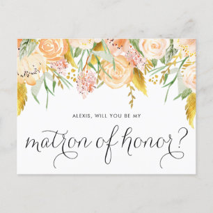 Invitation Carte Postale Peach Flowers Gold Serez-vous mon maître d'honneur