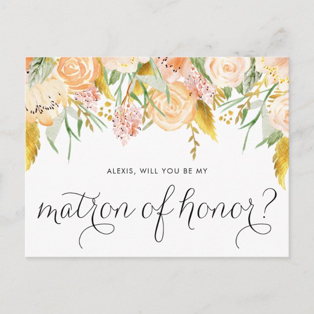 Invitation Carte Postale Peach Flowers Gold Serez-vous mon maître d'honneur (Devant)