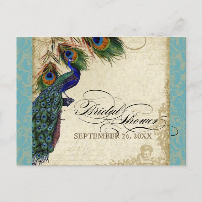 Invitation Carte Postale Peacock & Feathers Fête des mariées officielle Aqu (Devant)