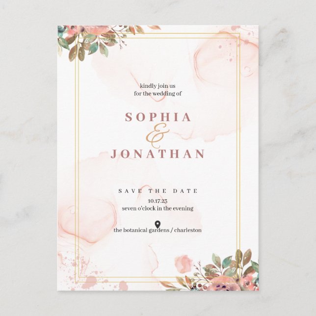 Invitation Carte Postale Pêcher Elégante aquarelle neutre Mariage floral (Devant)