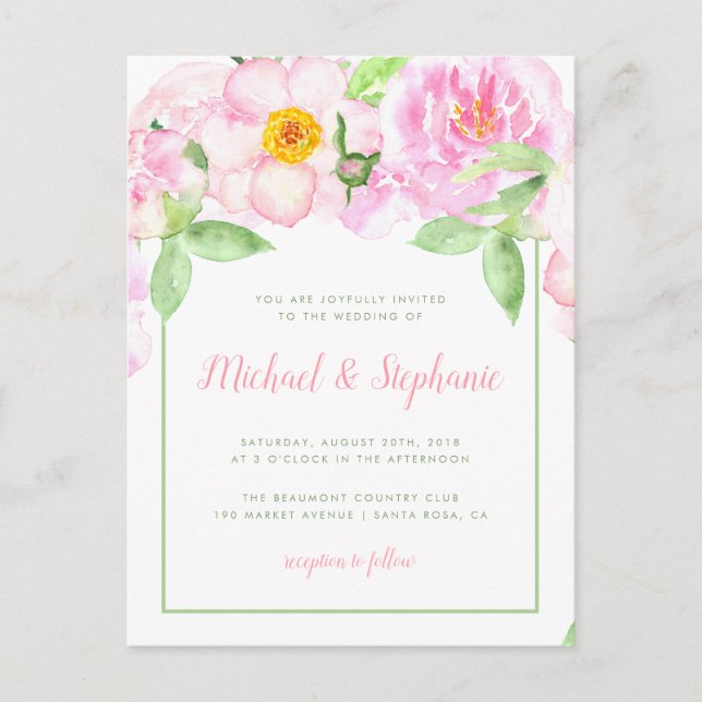 Invitation Carte Postale Peonies roses Aquarelle Florale Printemps Mariage (Devant)
