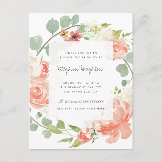 Invitation Carte Postale Peonies, Roses et Eucalyptus Fête des mariées de c (Devant)