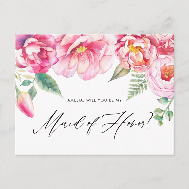 Invitation Carte Postale Peonies roses serez-vous ma servante d'honneur pro (Devant)