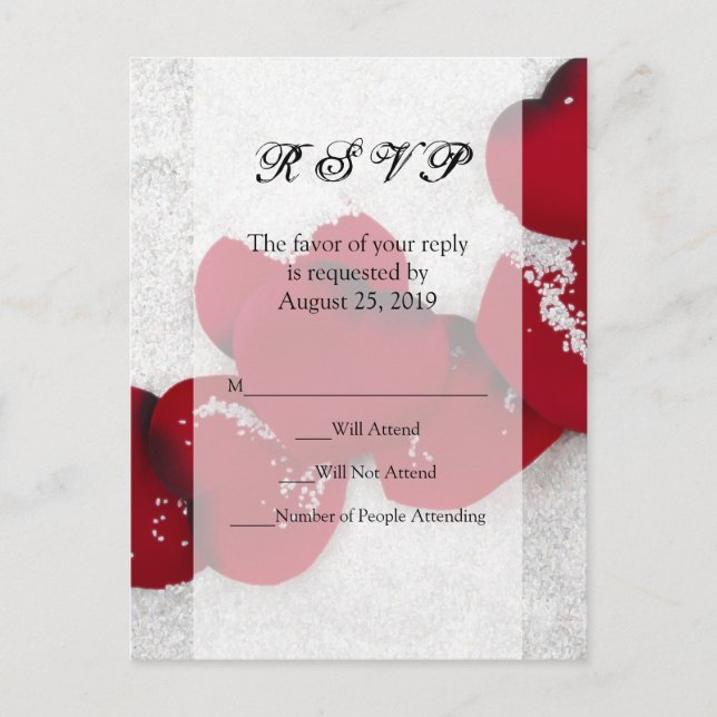 Invitation Carte Postale Pétales de rose rouge en neige, mariage d'hiver (Devant)