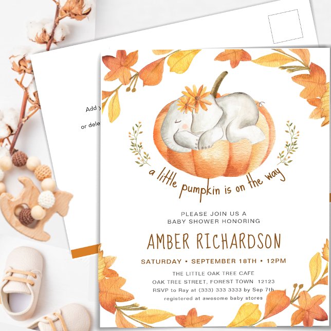 Invitation Carte Postale Petit Citrouille Autumn Elephant Girl Baby shower (Créateur téléchargé)