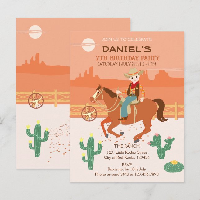 Invitation Carte Postale Petit cow-boy cool et cheval fête d'anniversaire (Devant / Derrière)