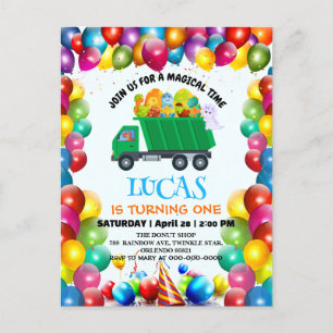 Invitation Carte Postale Petit Dinosaur camion à ordures ballon d'anniversa