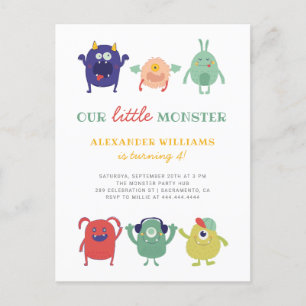 Invitation Carte Postale Petit Monstre Doux et coloré Anniversaire de l'enf