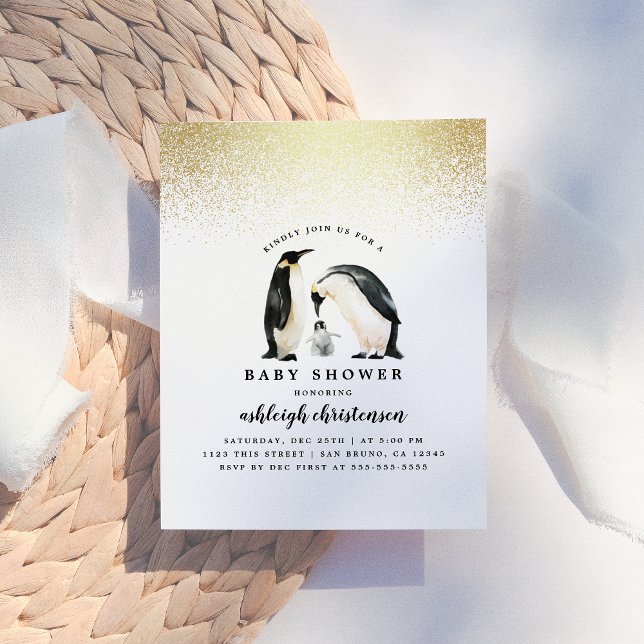 Invitation Carte Postale Petit pingouin | Hiver Baby shower neutre pour les (Créateur téléchargé)