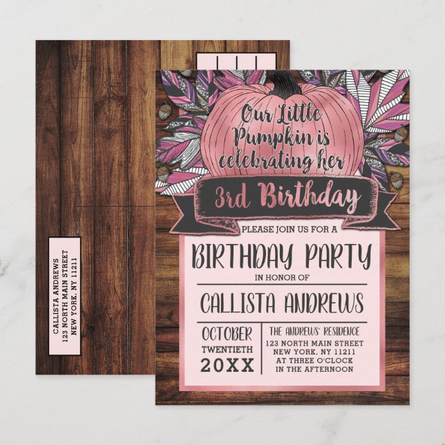 Invitation Carte Postale Petite Citrouille automne laisse rose bois Anniver (Devant / Derrière)