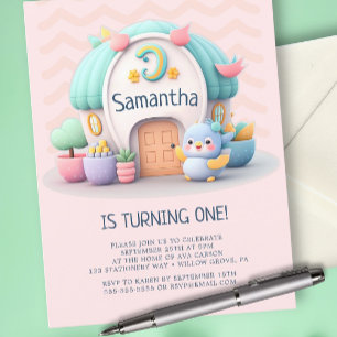 Invitation Carte Postale Petite maison avec dragon Girl Baby Birthday