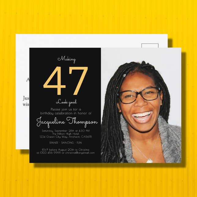 Invitation Carte Postale Photo Black Gold Anniversaire (Créateur téléchargé)