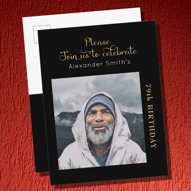 Invitation Carte Postale Photo Black Gold Script Anniversaire (Créateur téléchargé)