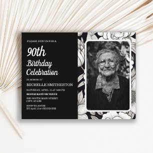 Invitation Carte Postale Photo de femme noire blanche florale 90e anniversa
