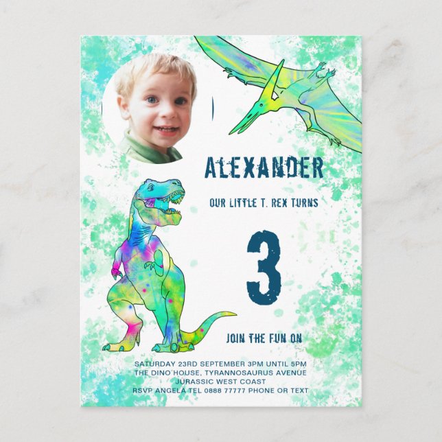 Invitation Carte Postale Photo de fête d'anniversaire de Dinosaur Aquarelle (Devant)