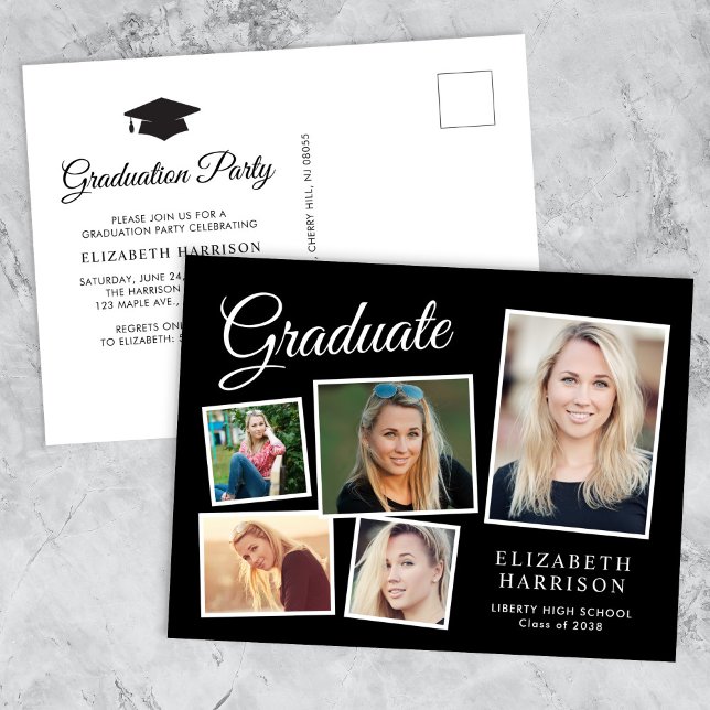 Invitation Carte Postale Photo moderne Collage Black Graduation Party (A personalized photo graduation party invitation to celebrate the graduate's achievements)