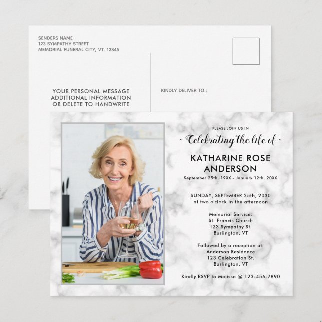 Invitation Carte Postale Photo Moderne En Marbre Célébration Des Funéraille (Devant / Derrière)
