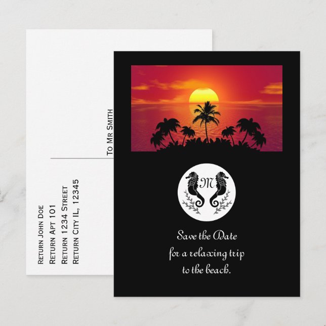 Invitation Carte Postale Photo Twin Black Seahorse Silhouette Monogramme (Devant / Derrière)