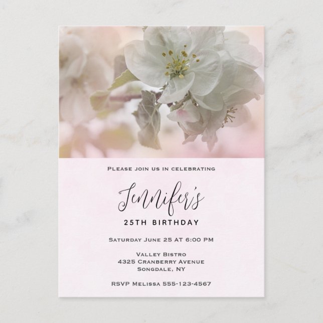 Invitation Carte Postale Photographie d'anniversaire de fleur de pommier bl (Devant)