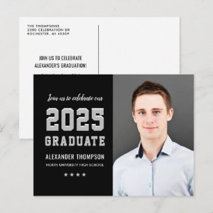 Invitation Carte Postale Photographie du Graduate Black Grey Party 2024