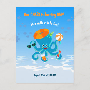 Invitation Carte Postale Pieuvre Bleue Sous la Mer Fête d'Anniversaire Garç