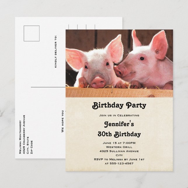 Invitation Carte Postale Piglets roses mignons Animal Photo Anniversaire In (Devant / Derrière)