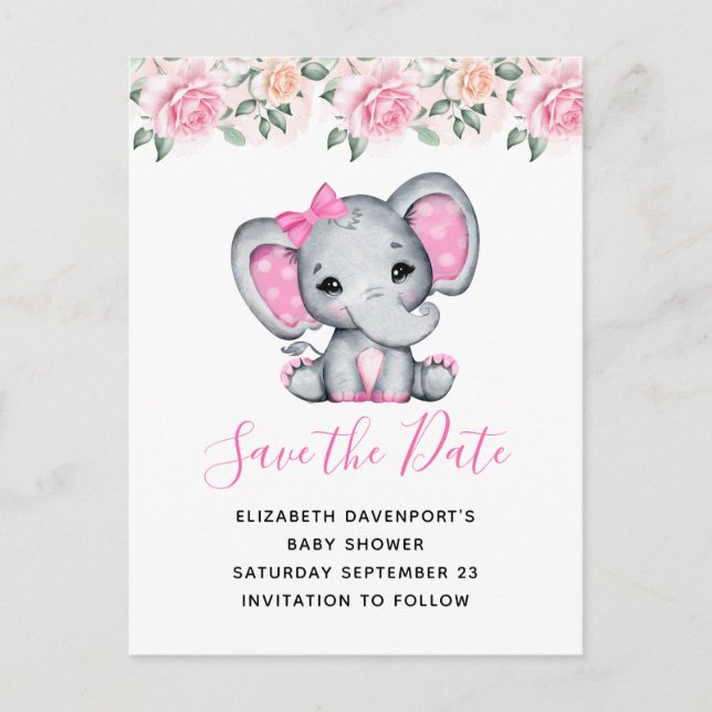 Invitation Carte Postale Pink Baby Elephant et frontière Rose Enregistrer l (Devant)