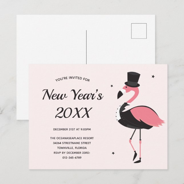 Invitation Carte Postale Pink Flamant rose Tuxedo New Years Party (Devant / Derrière)