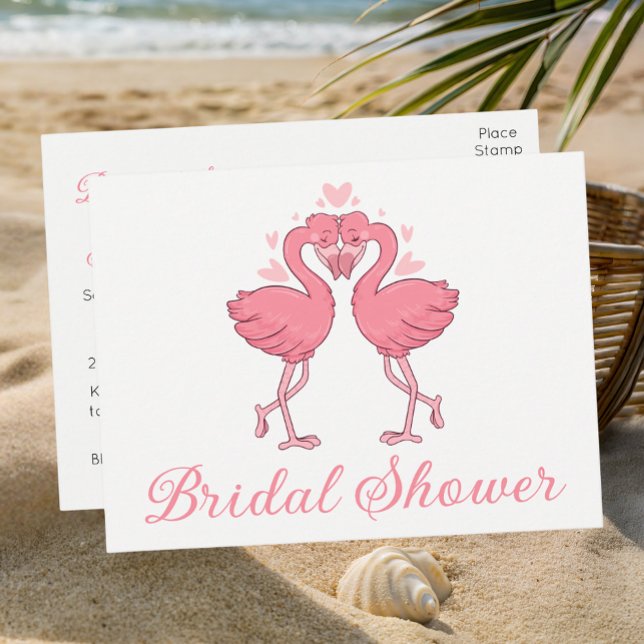 Invitation Carte Postale  Pink Flamingo Tropical Summer Beach Bridal Shower (Créateur téléchargé)