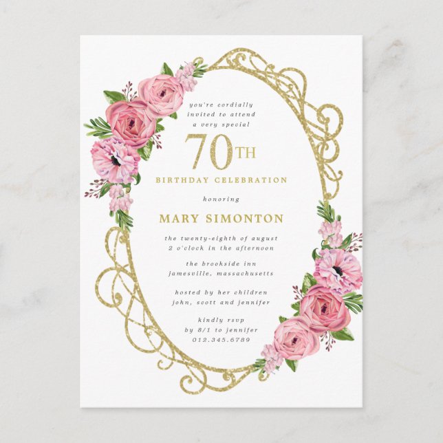 Invitation Carte Postale Pink Gold Floral 70e anniversaire (Devant)